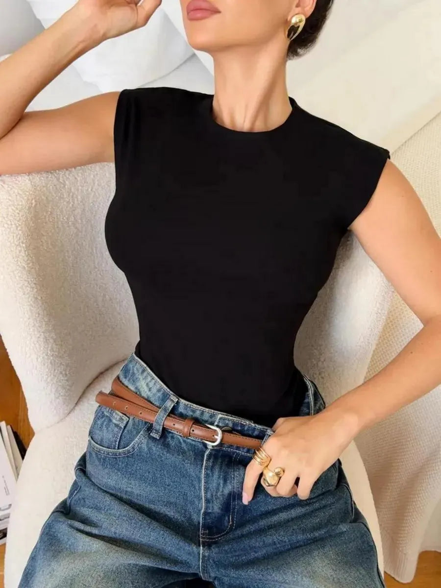 Skims-style fitted top t-shirt for layering under a blazer